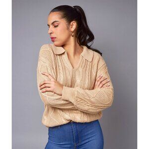 Taupe Collared Cable Knit Pullover Sweater